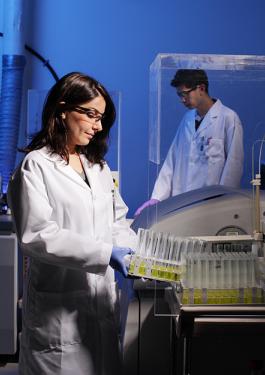 personal con batas blancas viendo muestras