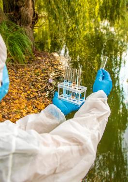 Científico sosteniendo muestra en un rio