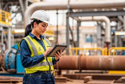 ingeniera inspeccionando maquinarias y haciendo verificaciones en su tablet